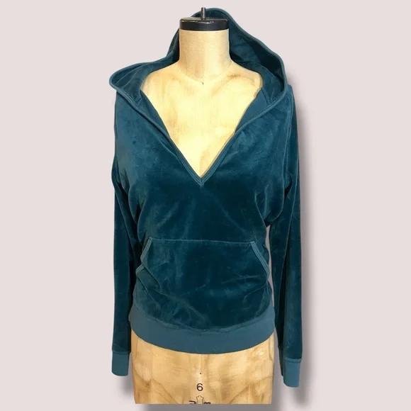 JUICY COUTURE Emerald Teal Green Pullover Hoodie Top Luxe Y2K Vintage Retro - Picture 2 of 7